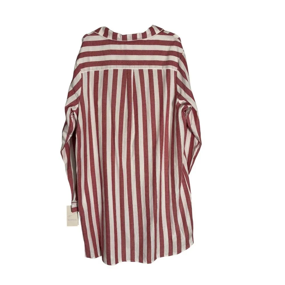 Red & White Striped Button-Down Nightshirt Stars Above Long Sleeves Flannel XL - Picture 4 of 11